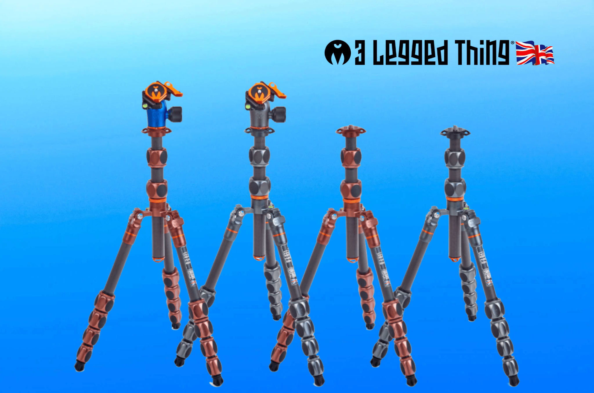 Four tripods in various colors displayed against a blue background