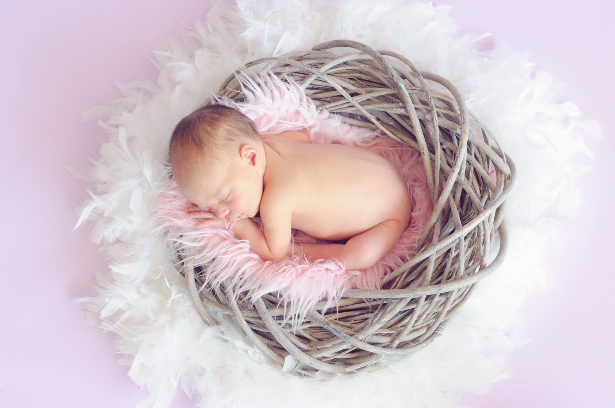 newborn baby sleeping in a woven nest on a fluffy blanket