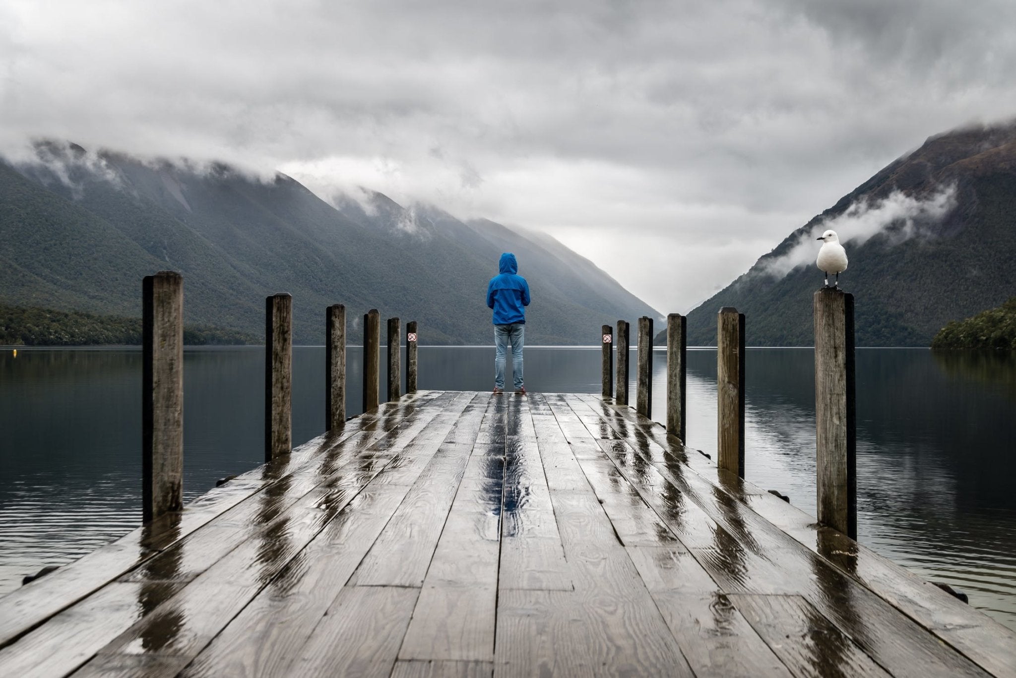 Person in blue jacket standing on a wet wooden pier with mountains and clouds in the background.