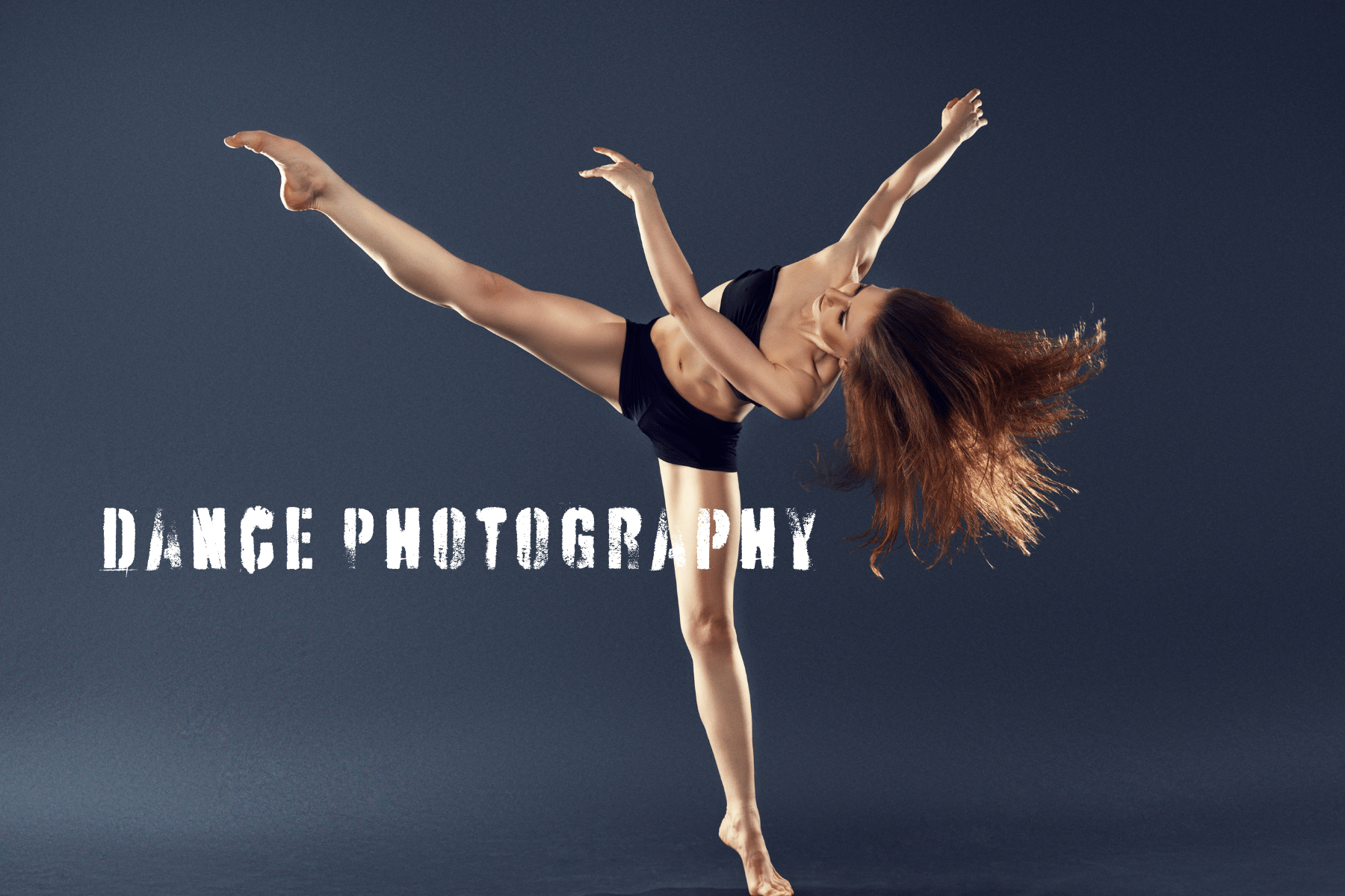 Dynamic dancer capturing motion in a dramatic pose with flowing hair, text overlay reading 'Dance Photography'.