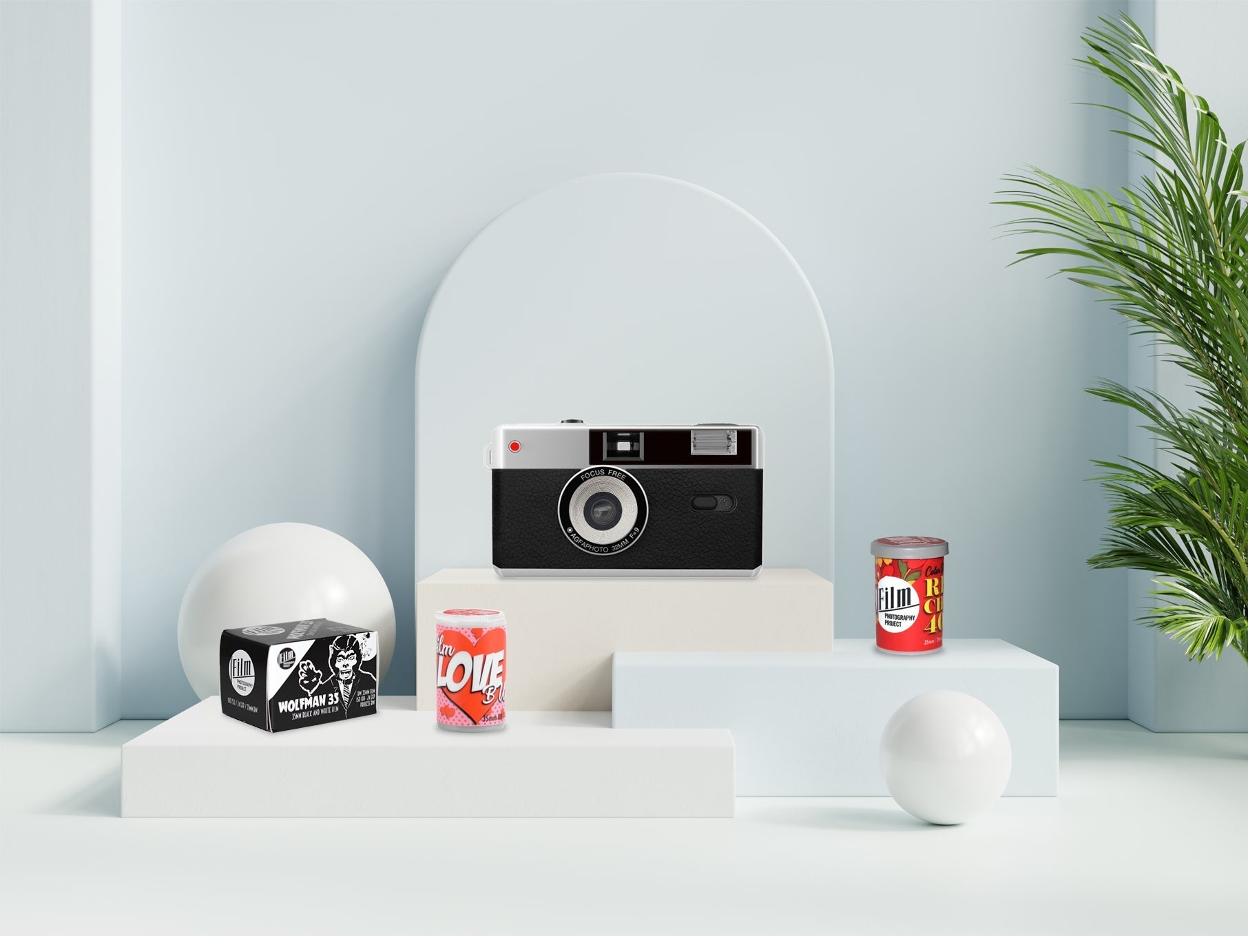 Black and white film camera on pedestal with colorful cans and geometric shapes.
