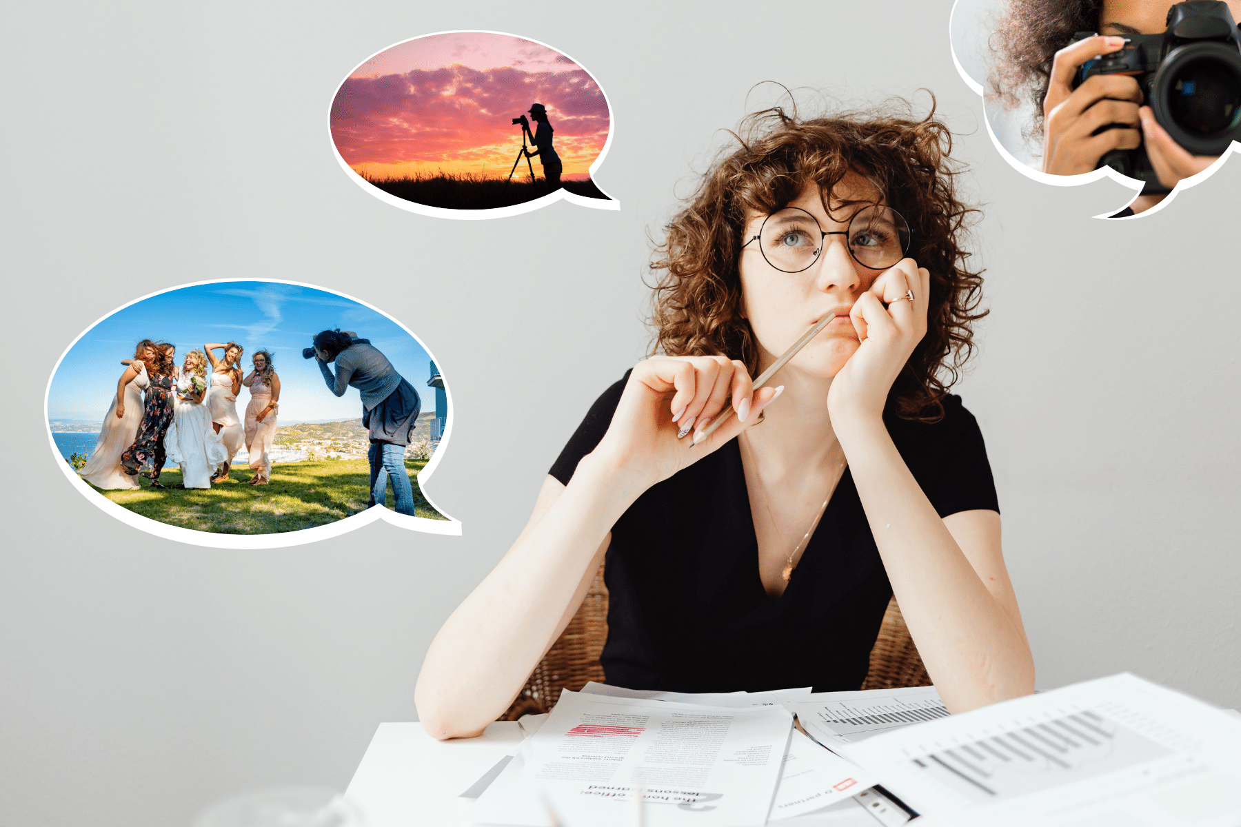 Woman contemplating photography style with thought bubbles of various photography scenes.