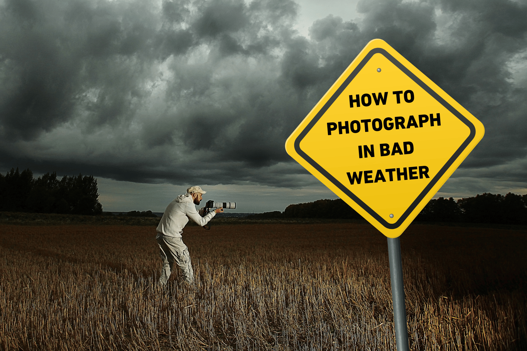 Person photographing a field under dark stormy clouds with a warning sign.