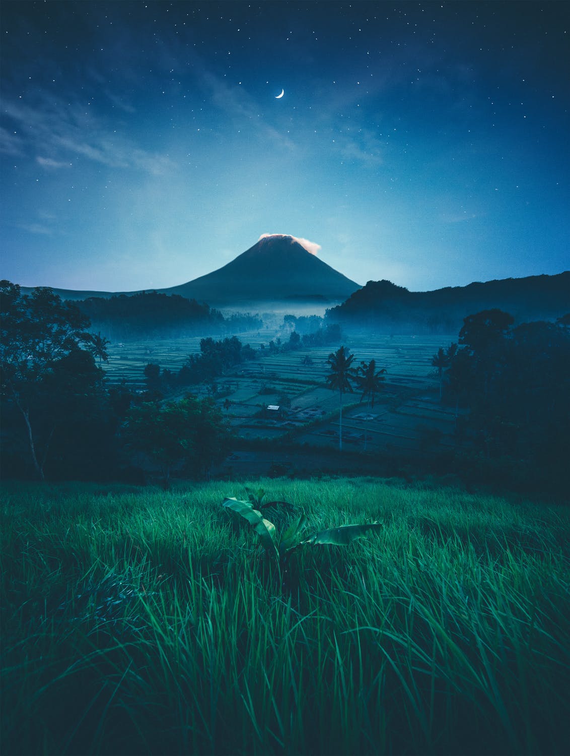 night sky with stars and crescent moon over a mountain and green fields