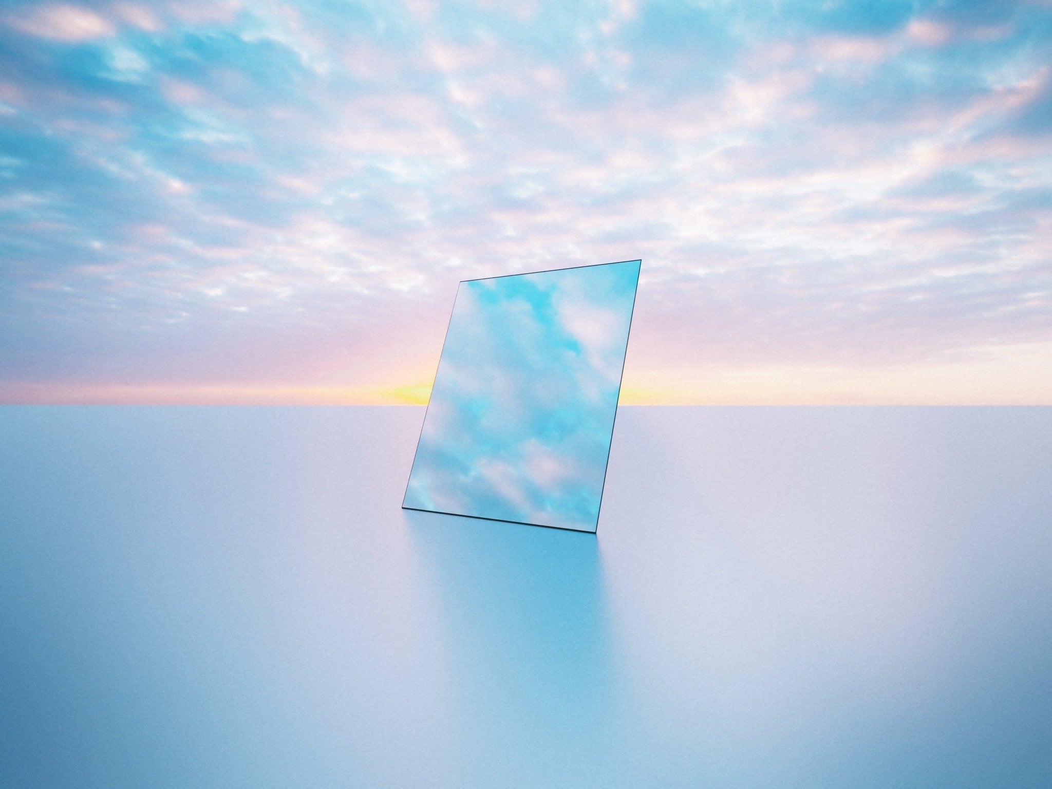 Blue and pink abstract landscape with a reflective floating mirror against a pastel sky.