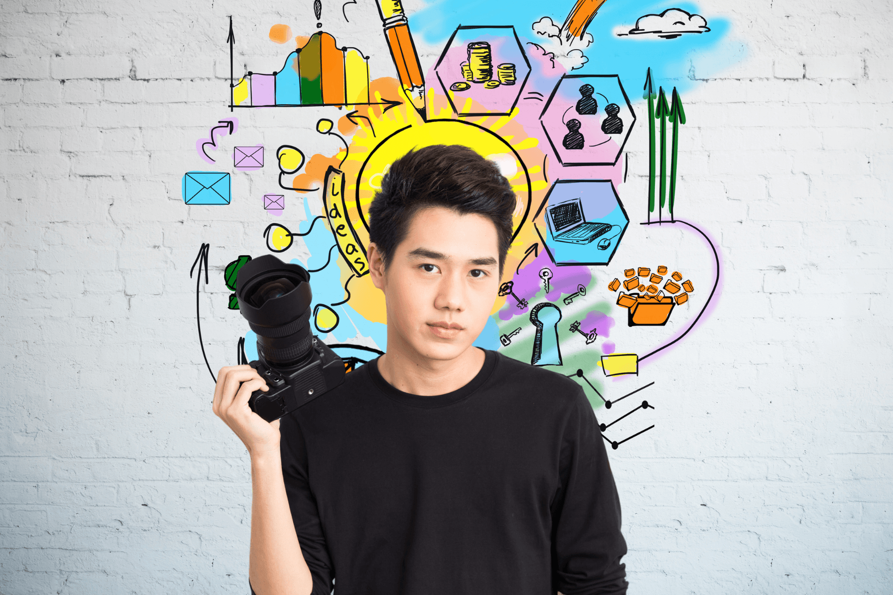 Young man holding a camera with colorful graphic elements and doodles in the background.