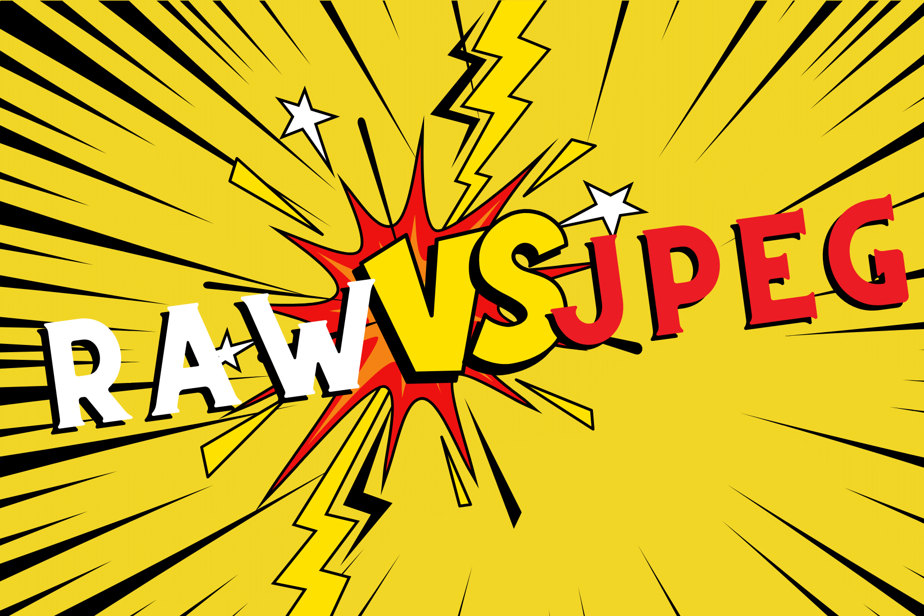 Yellow burst graphic with RAW vs JPEG text in comic style.