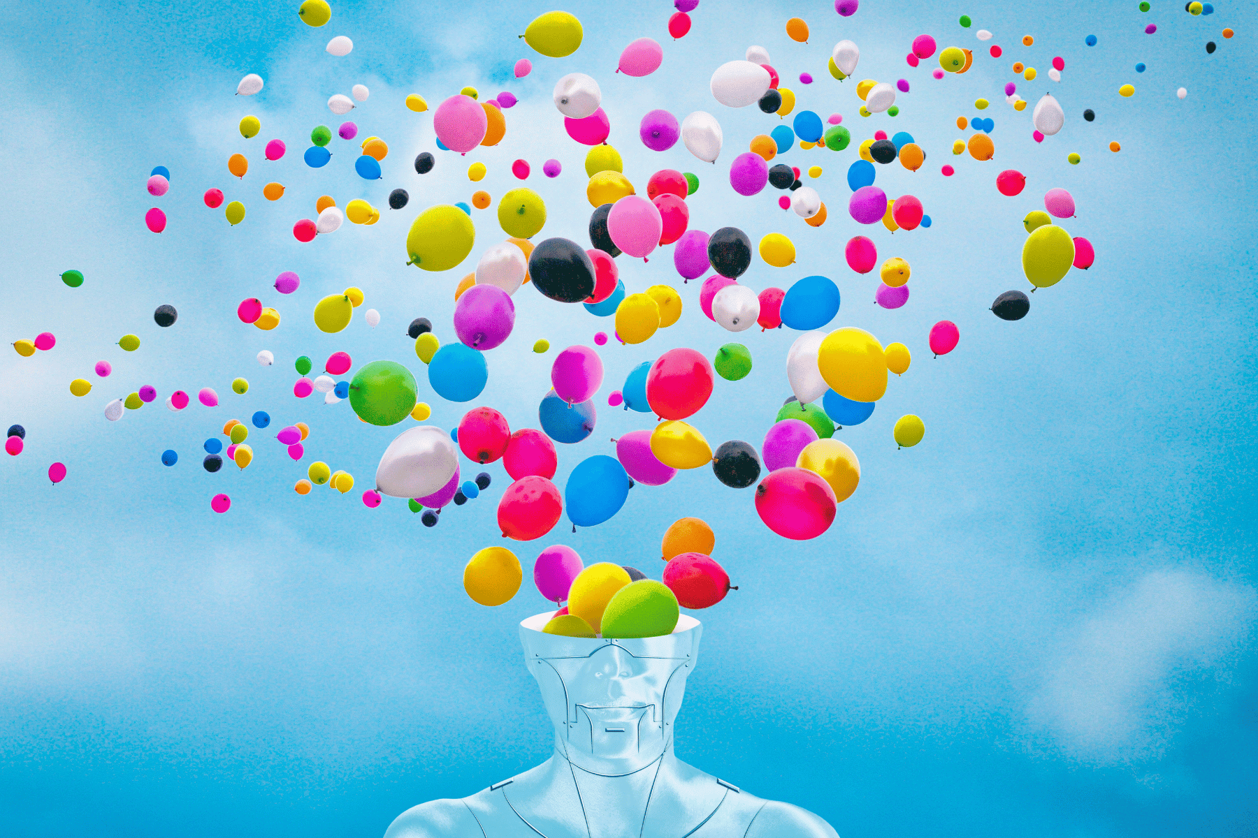 Colorful balloons bursting from a transparent humanoid figure's head against a blue sky.