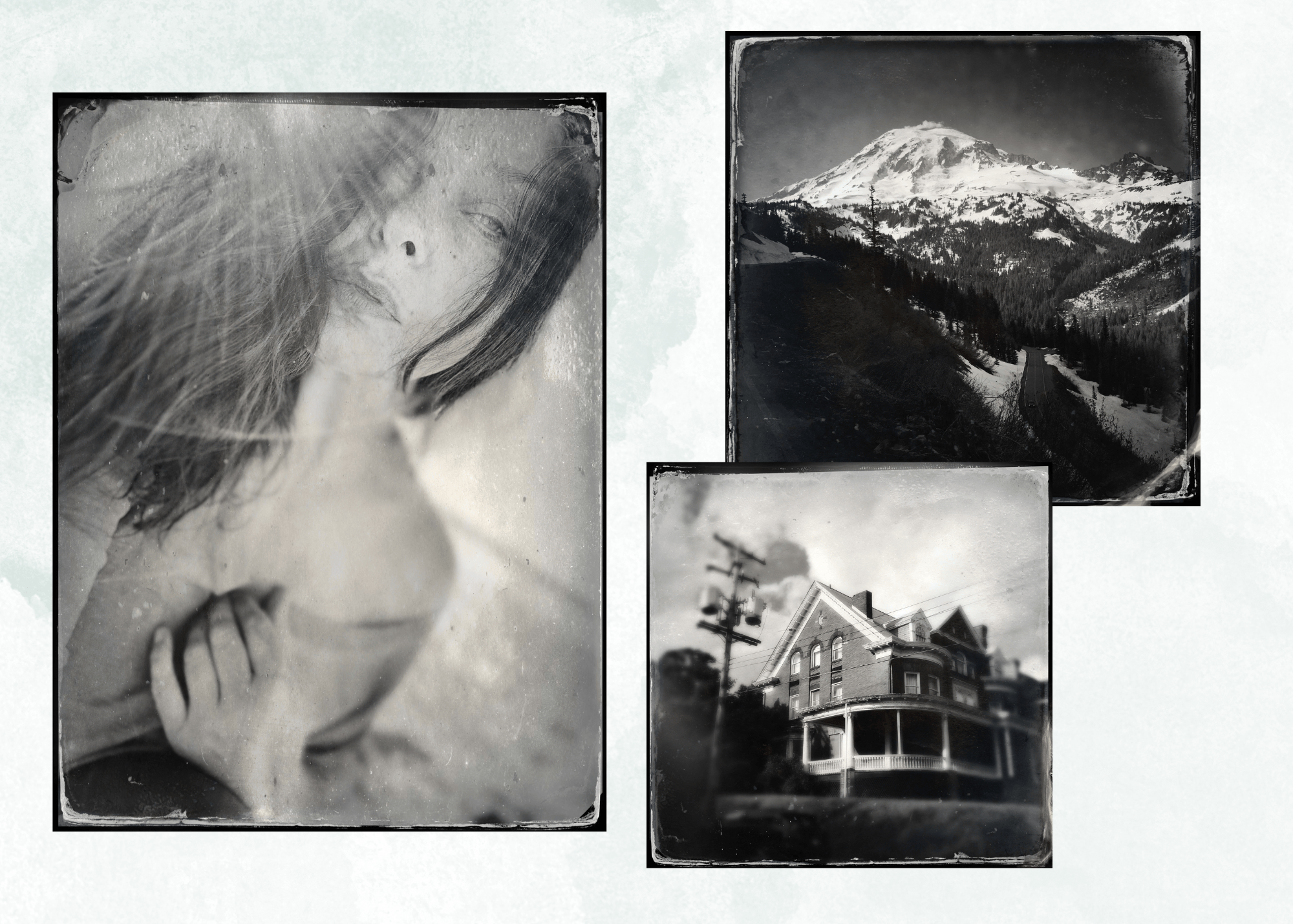 Black and white tintype photographs featuring a portrait, a mountain scene, and a historic house.