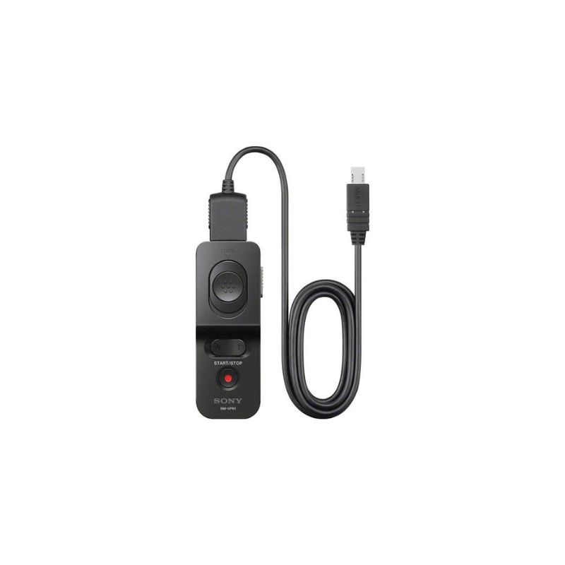black Sony remote controller with USB cable, includes a large button and indicator light.