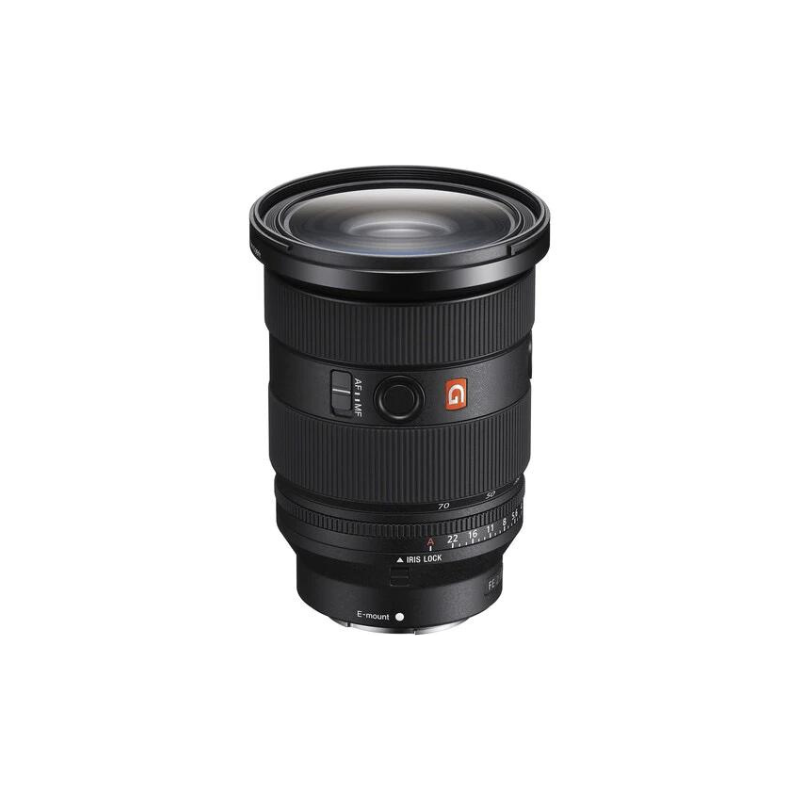Black Sony mirrorless lens with zoom ring and focus settings.