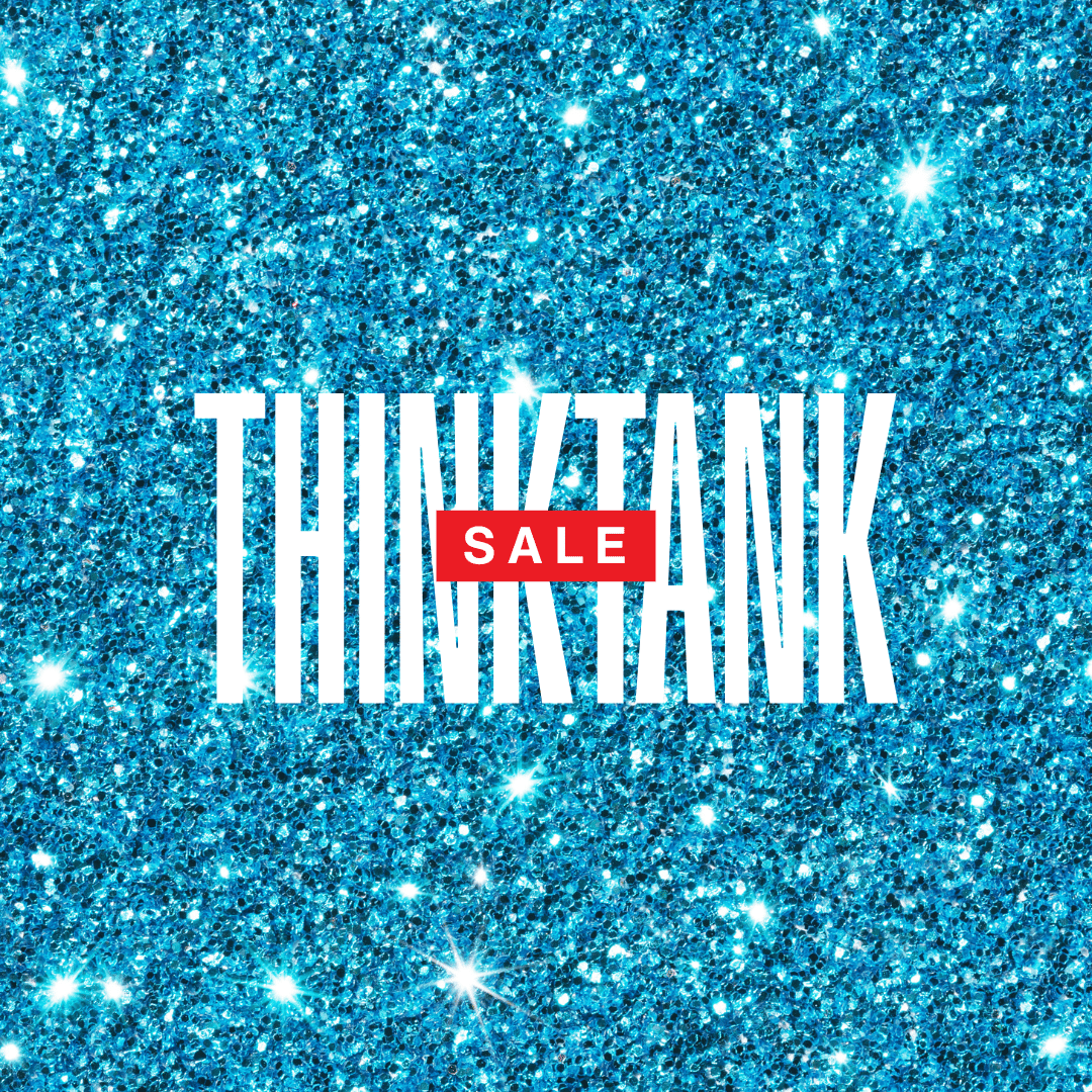 Blue glitter background with bold white text 'THINKTANK' and red 'SALE