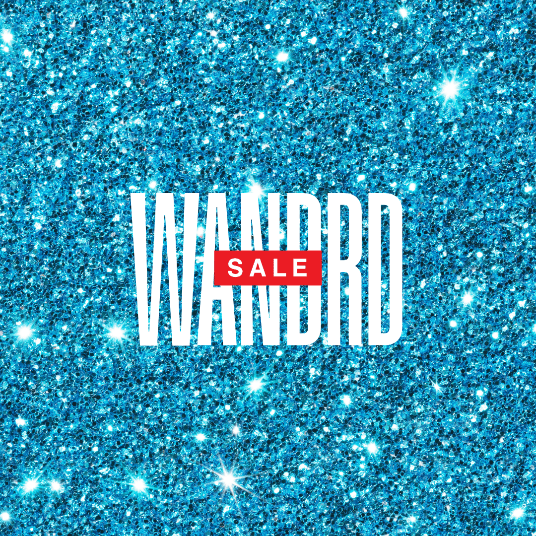 Glittering blue background with white text reading WANRD and red SALE.