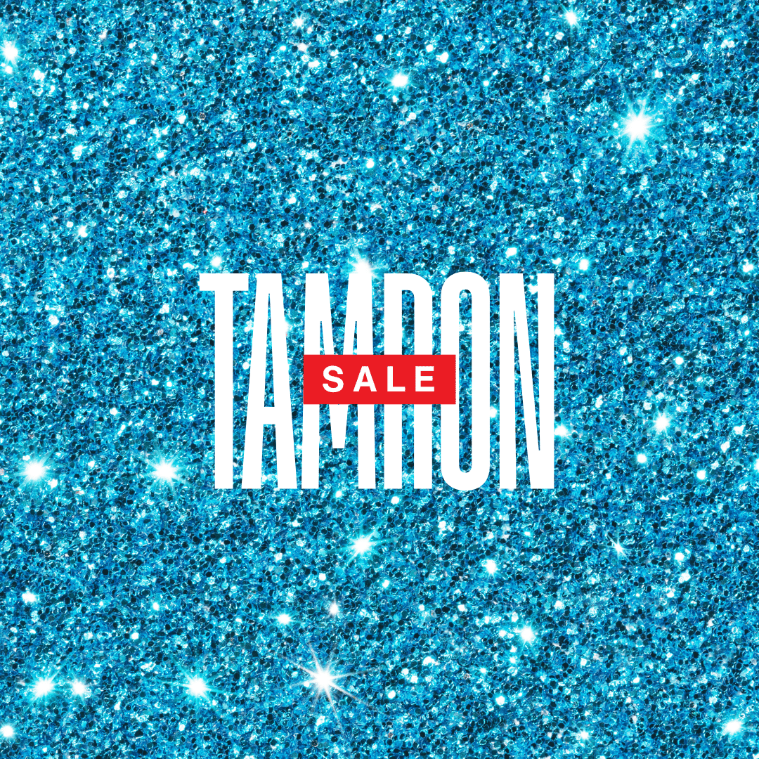 Blue glitter background with white text Tamron and red SALE text.