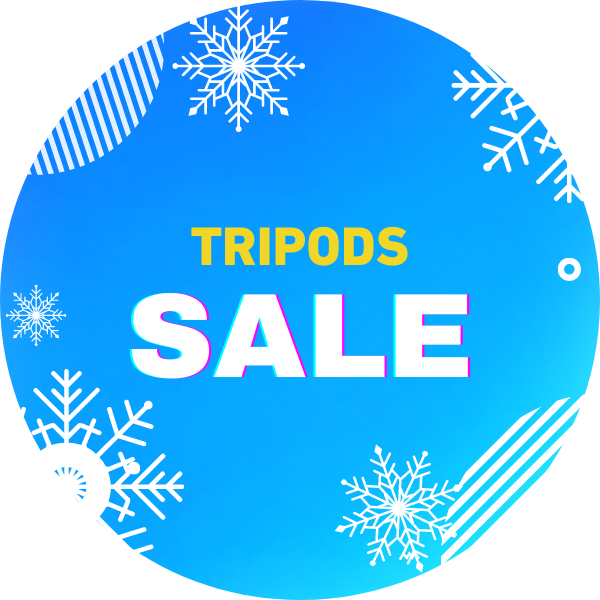Blue background with snowflakes and text TRIPODS SALE in bold white and yellow letters.