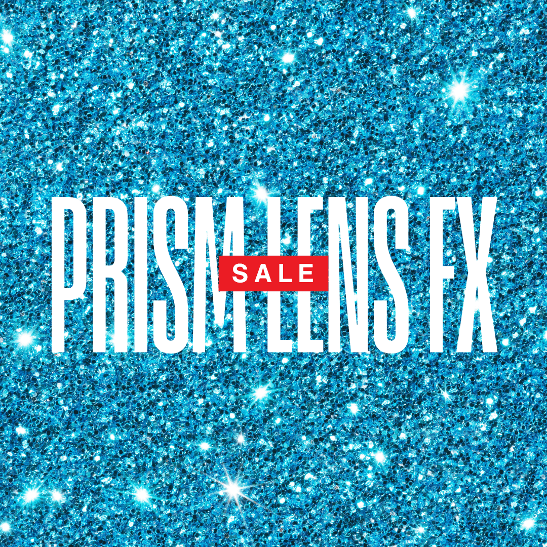 Blue glitter background with bold text PRISM LENS FX and SALE in red rectangle.