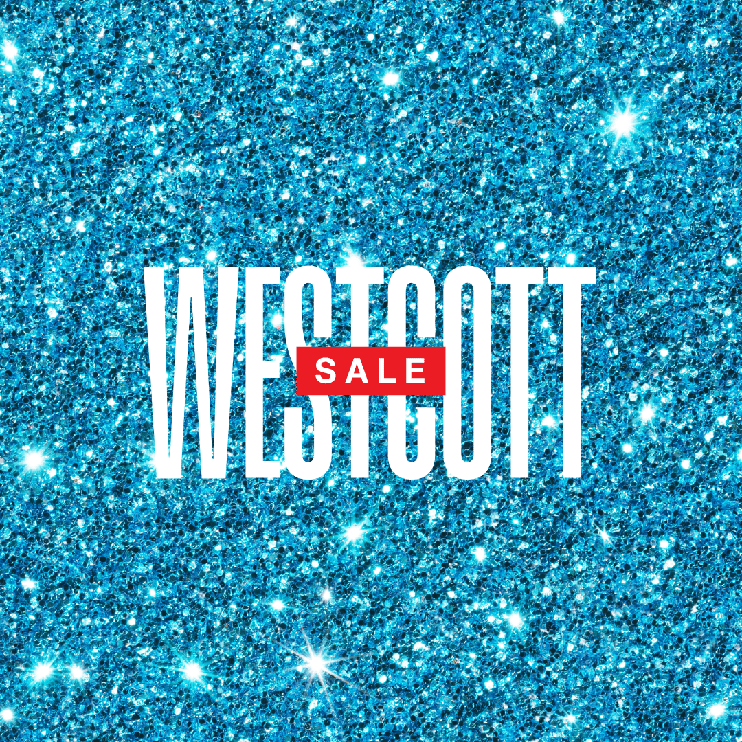 Blue sparkling background with text WESTCOTT SALE in white and red.