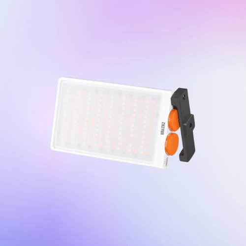 Gradient pink and blue light background with a white rectangular light fixture and orange control knobs.