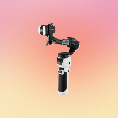 gradient pink to purple background → white and black gimbal → versatile design for stability