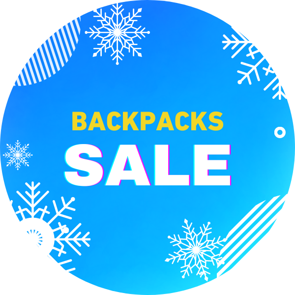blue background with white snowflakes and bright yellow text BACKPACKS SALE