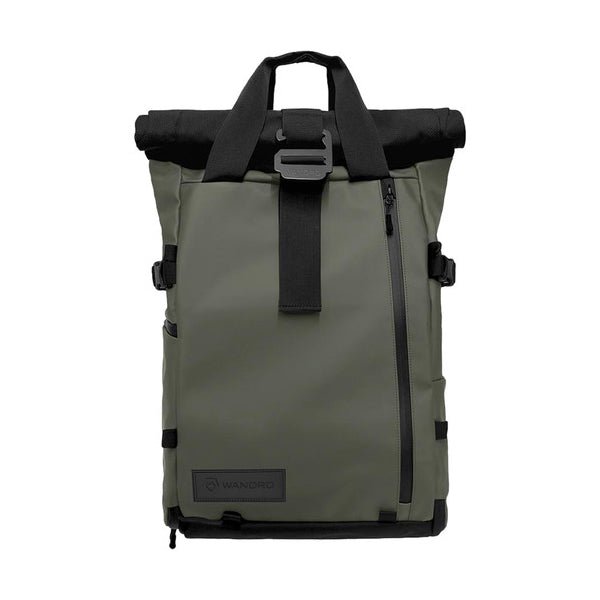 olive green backpack with roll-top design and front zip pocket