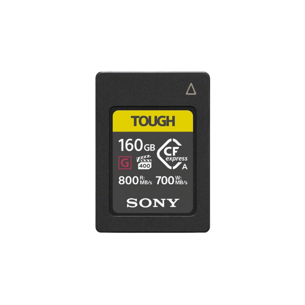 Black Sony CF Express memory card with yellow label, 160GB capacity.