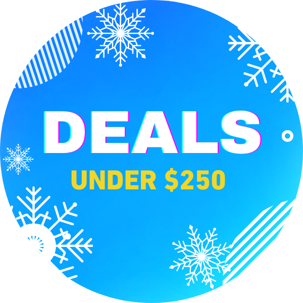 blue circular graphic with snowflakes and large text "DEALS UNDER $250