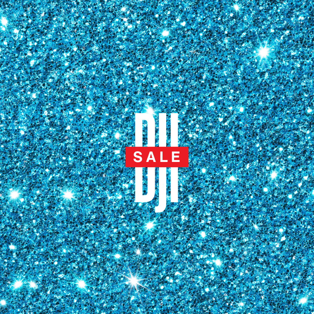 Blue glitter background with white 'DJI' text and red 'SALE' banner.