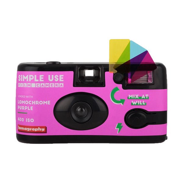 Pink Lomography film camera with colorful flash detail and 400 ISO label.