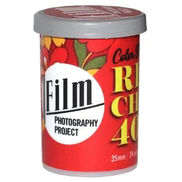 Red and gray film canister with floral design and the text 'Color Supreme Red Check 40'.