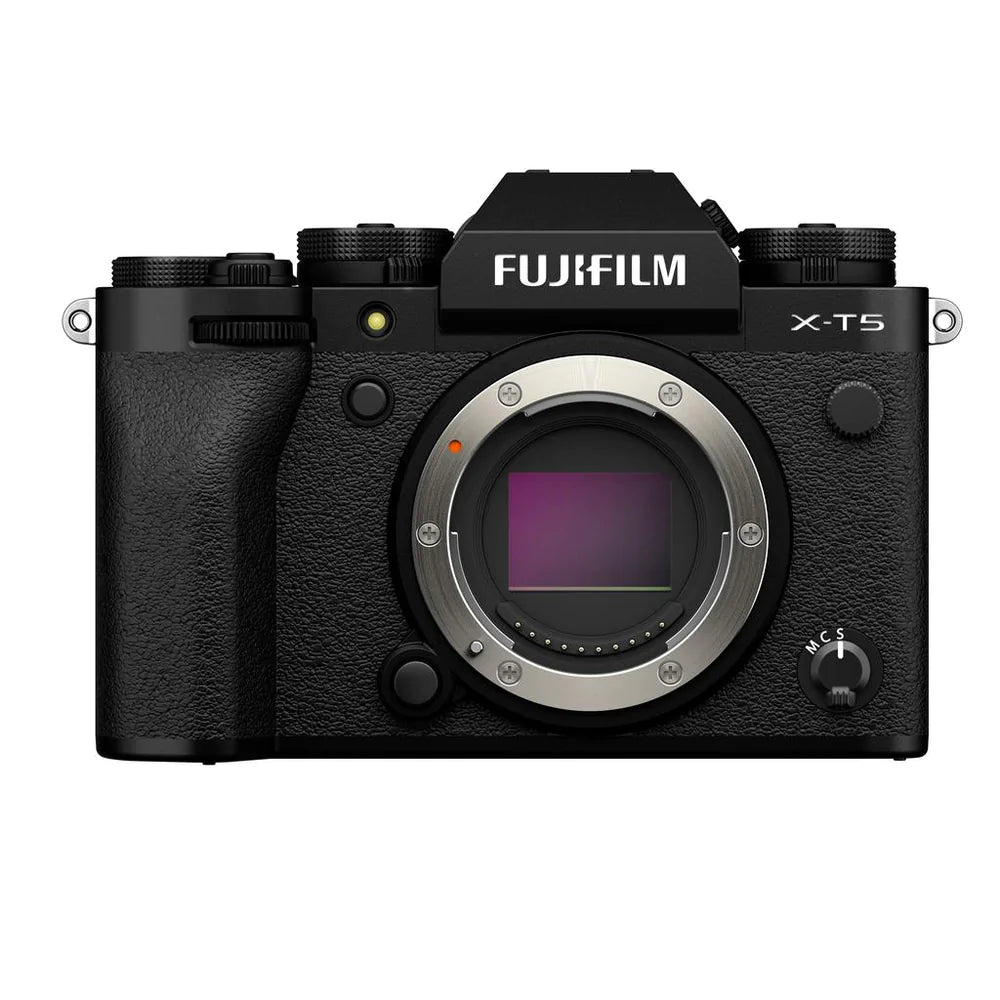 black Fujifilm X-T5 mirrorless camera featuring a large lens mount and textured grip.