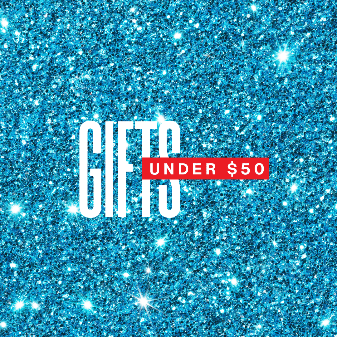 blue glitter background with text gifts under $50