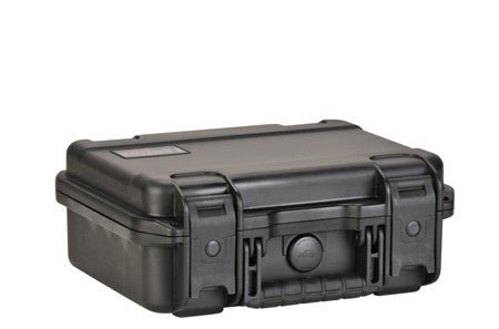 Black hard case with latches and a textured surface.