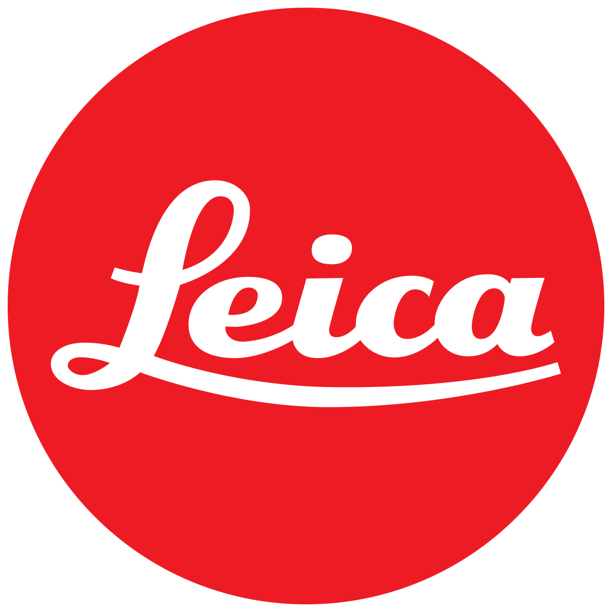 Red circle with white Leica logo and curved lettering.