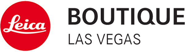 red Leica logo with white text, boutique Las Vegas in black