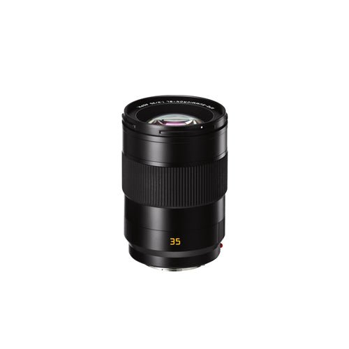 black Leica mirrorless lens with 35mm focal length and sleek design.