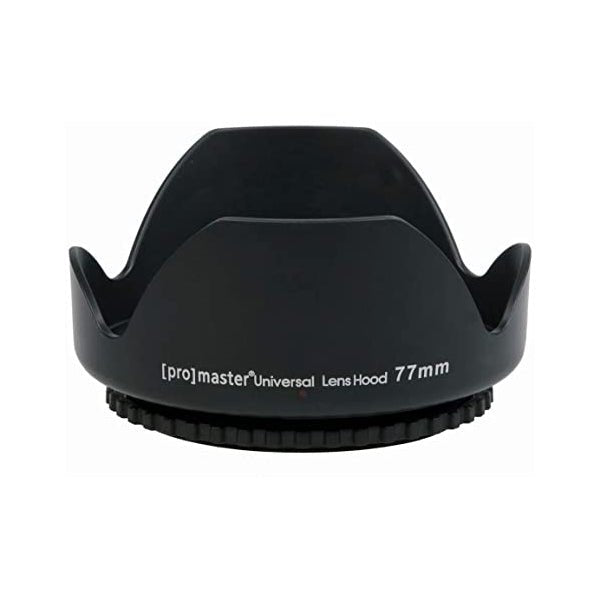 Black lens hood with a 77mm diameter and curved design.