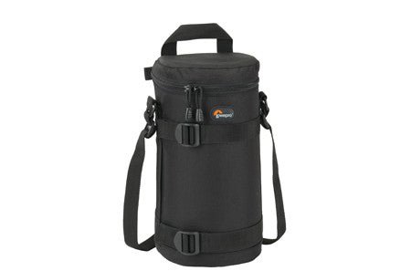 Black lens case with adjustable strap and zippered compartment.