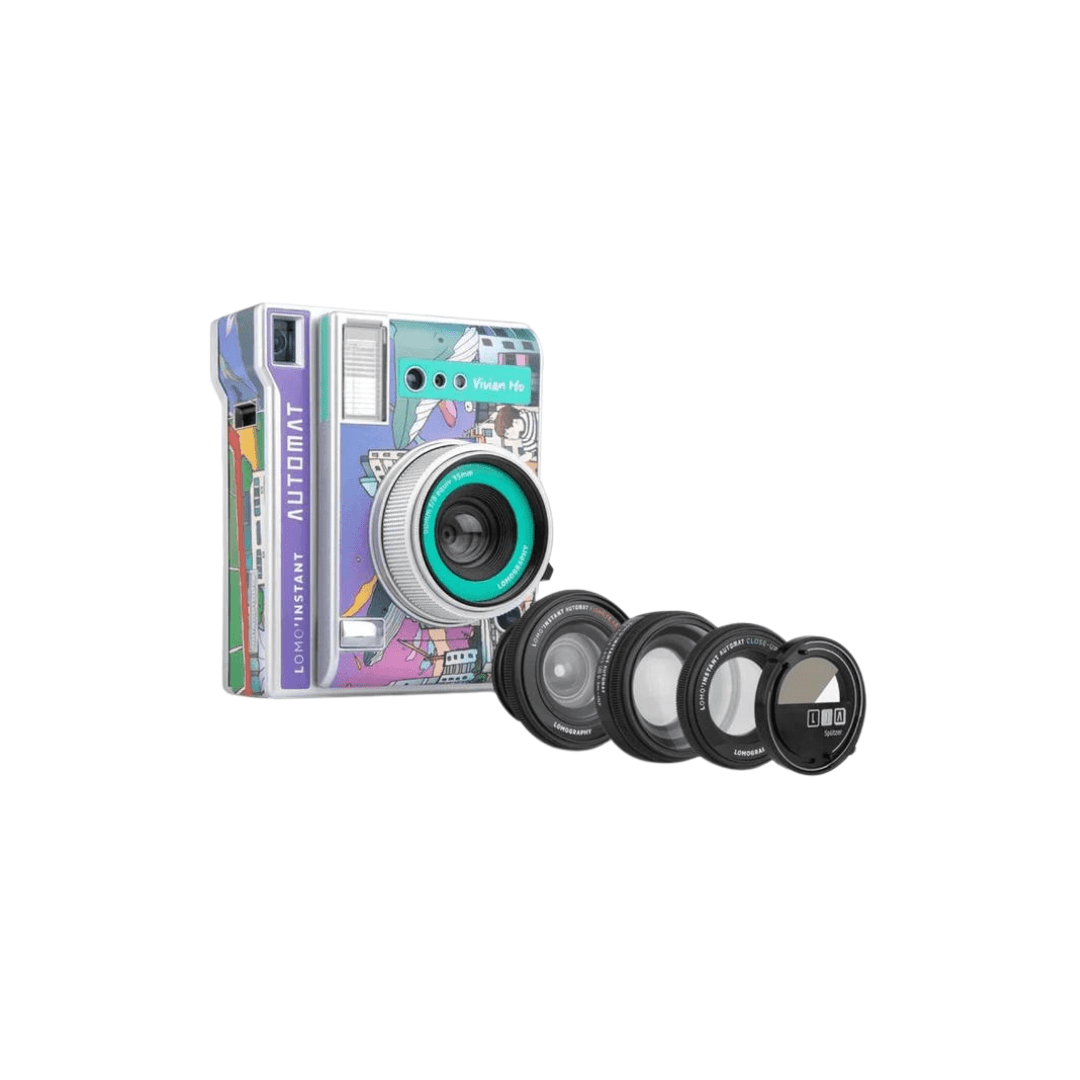 Colorful camera with retro design and interchangeable lenses.