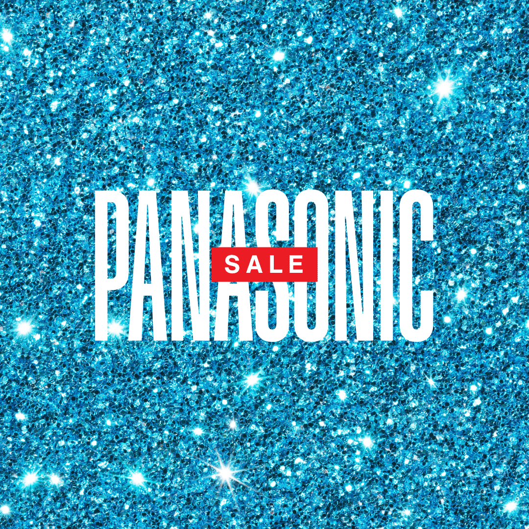 blue sparkling background with 'PANASONIC SALE' text in white and red.