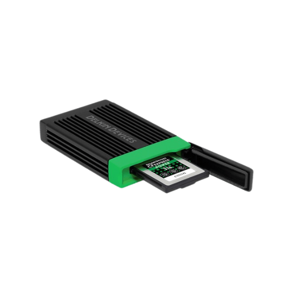 black and green card reader with an inserted memory card.