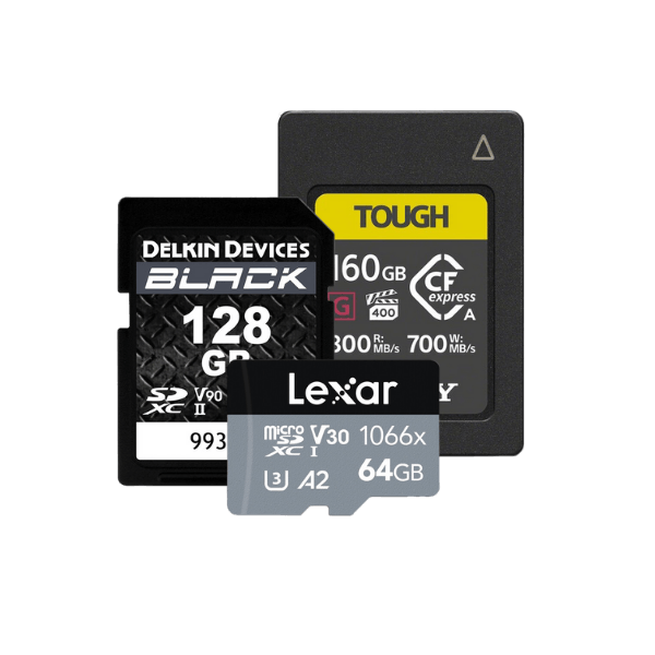 black memory cards including a Delkin Devices 128GB and Lexar 64GB with speed ratings.