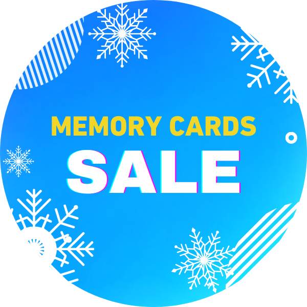 Blue circular graphic with text 'Memory Cards SALE' and snowflake designs.