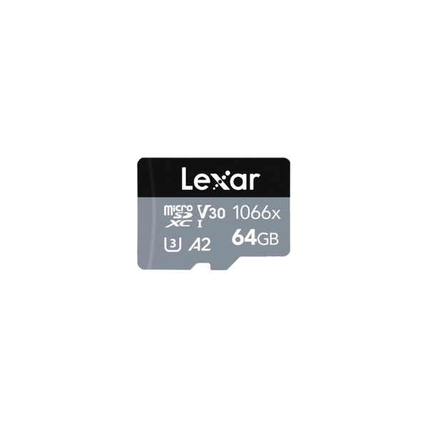 black Lexar micro SD memory card with 64GB capacity and 1066x speed rating.