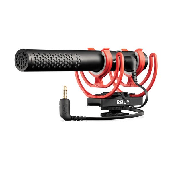 Black shotgun microphone with red shock mount and cable attachment.