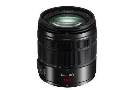 black Panasonic mirrorless lens with a smooth, curved design and 14-140mm focal length.