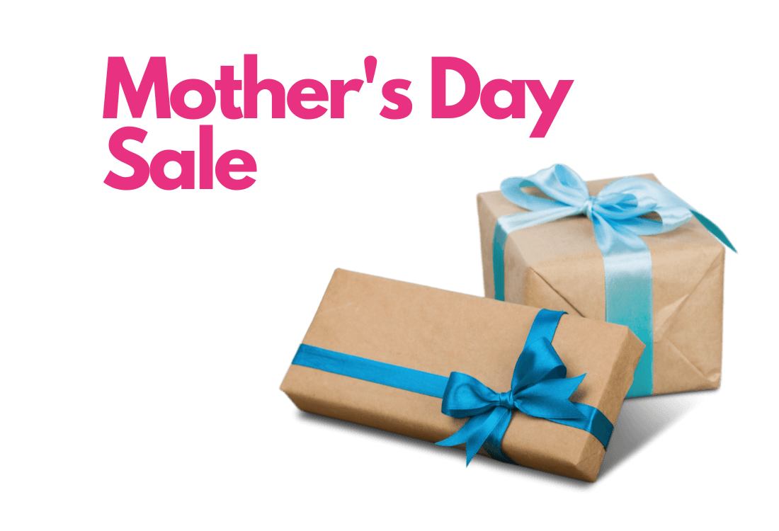 Pink Mother’s Day Sale text with two gift boxes in kraft and blue ribbon.