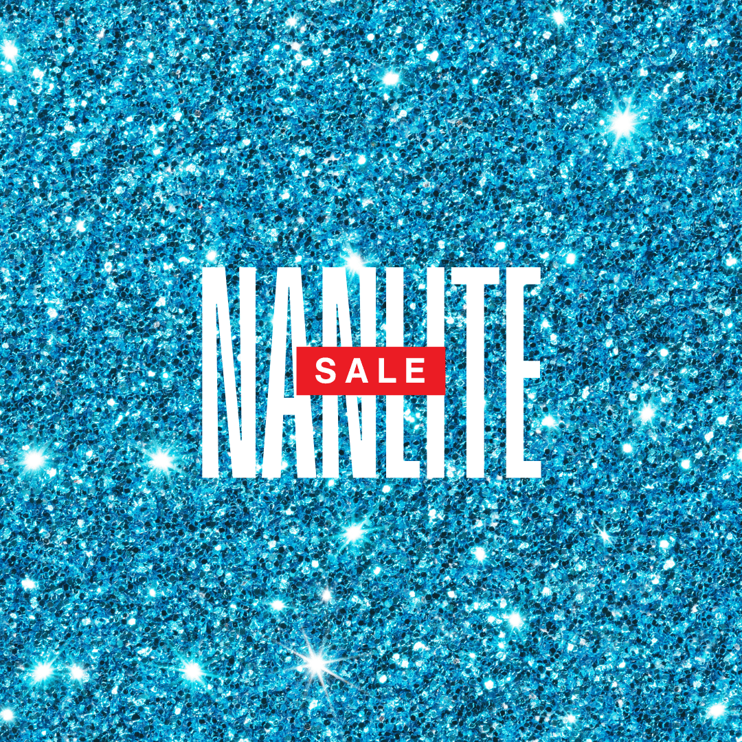 Blue glitter background with the text NANLITE SALE in white and red.