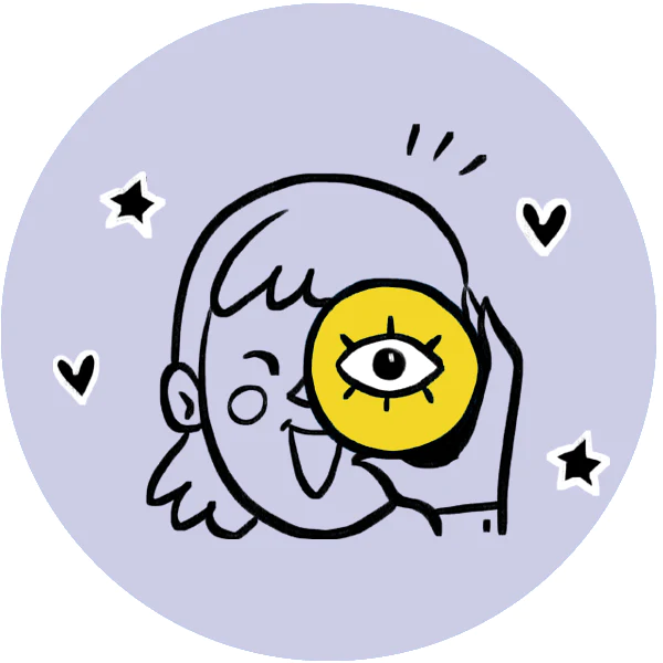 purple background, cartoon girl holding yellow circle, smiling with one eye illustration