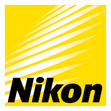 yellow Nikon logo with diagonal white stripes